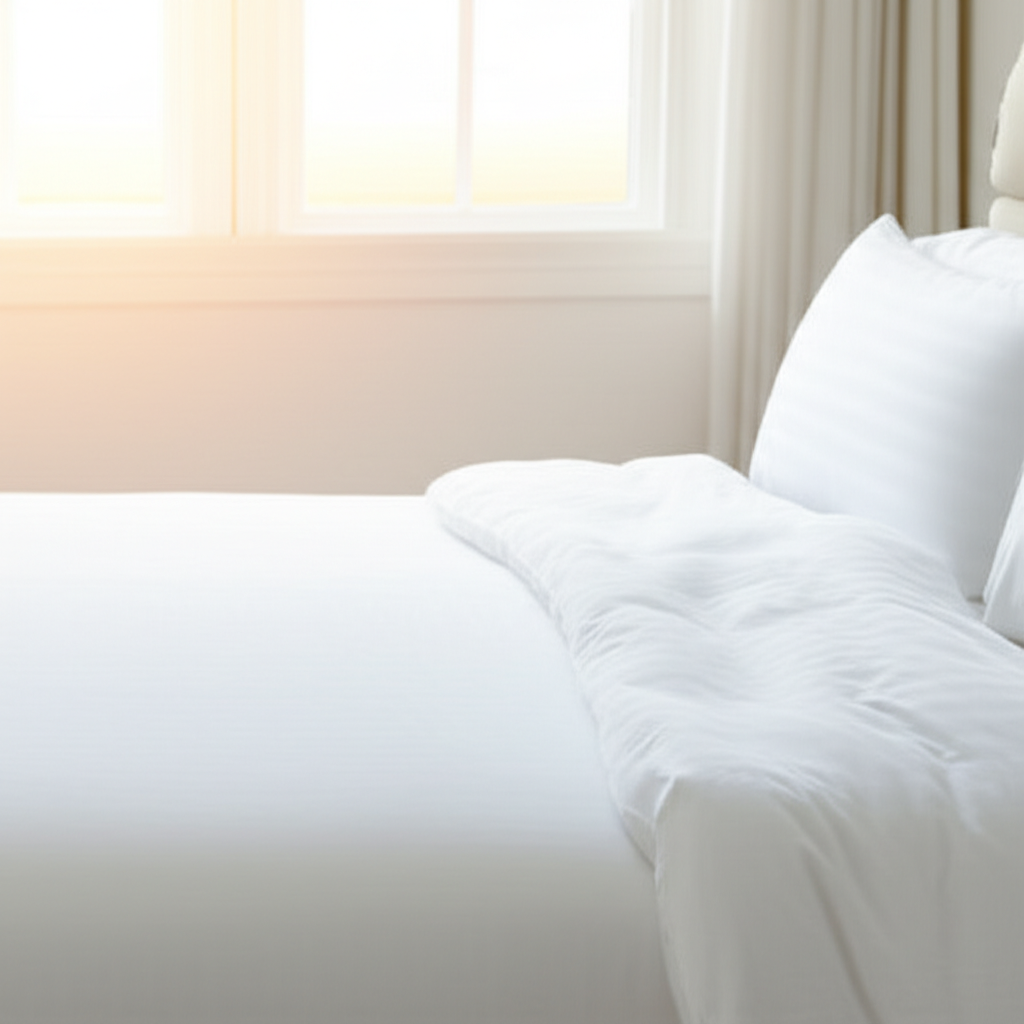 Clean, peaceful bedroom after successful bed bug elimination - pristine white bedding and serene environment